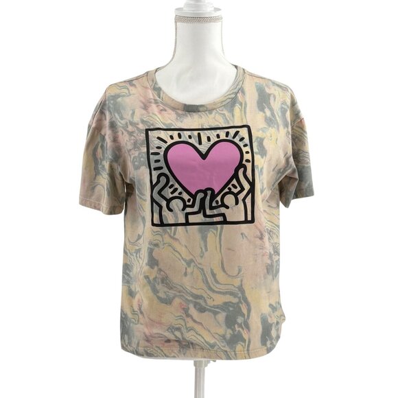 Keith Haring Womens Size 2X Marbled Tee With Pink Heart Graphic - Picture 1 of 9